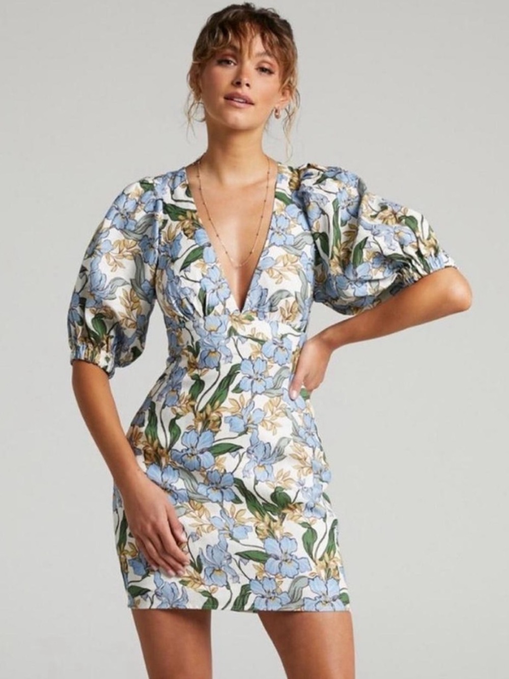 Showpo Floral Puff-Sleeve V-Neck Mini Dress in Light Blue